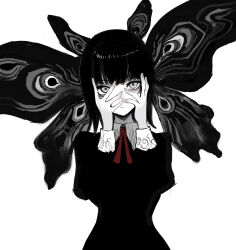 1girl absurdres black_dress black_hair bug butterfly chuhaibane dress expressionless grey_hair hands_on_own_face highres insect looking_at_viewer mole mole_under_eye necktie original partially_colored red_necktie revision simple_background solo white_background