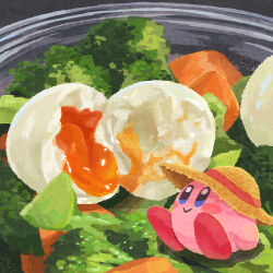 Rule 34 | blue eyes, blush stickers, bowl, broccoli, carrot, closed mouth, food, food focus, hat, kirby, kirby (series), miclot, nintendo, no humans, pink footwear, salad, shoes, smile, softboiled egg, straw hat