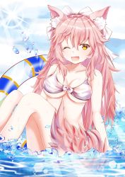 Rule 34 | 10s, 1girl, ;d, animal ear fluff, animal ears, bikini, blue sky, bow, breasts, brown eyes, cleavage, cloud, commentary request, covered erect nipples, day, fang, fate/extra, fate (series), fox ears, fox girl, fox tail, hair between eyes, hair bow, highres, innertube, long hair, looking at viewer, medium breasts, mutang, one eye closed, open mouth, outdoors, pink hair, sitting, sky, smile, solo, striped, striped innertube, swim ring, swimsuit, tail, tamamo (fate), tamamo no mae (fate/extra), transparent, very long hair, water, white bikini, white bow