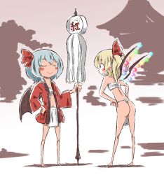 Rule 34 | 2girls, barefoot, bat wings, blonde hair, blue hair, blush stickers, closed eyes, female focus, flandre scarlet, fundoshi, japanese clothes, multiple girls, red eyes, remilia scarlet, sarashi, siblings, side ponytail, sisters, sonson (eleven), touhou, wings