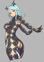 Rule 34 | 1girl, :o, aqua eyes, ass, bodysuit, breasts, cleavage, cleavage cutout, clothing cutout, cropped legs, grey background, houtengeki, latex, looking at viewer, looking back, medium breasts, open mouth, original, pink eyes, simple background, sketch, solo, twisted torso