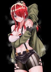 Rule 34 | 1girl, absurdres, arm up, armpits, bandeau, bare shoulders, black background, black gloves, black hair, black shorts, blush, breasts, cleavage, commentary request, cowboy shot, fingerless gloves, gloves, green jacket, hair over one eye, highres, jacket, lain paterson, lain paterson (1st costume), large breasts, long sleeves, looking at viewer, midriff, multicolored hair, navel, nijisanji, open clothes, open jacket, red hair, short shorts, shorts, simple background, smile, solo, standing, stomach, strapless, streaked hair, suspenders, thighs, tube top, urakawa ^p^, virtual youtuber