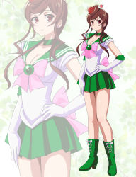 Rule 34 | 10s, 1girl, bishoujo senshi sailor moon, boots, breasts, cleavage, cosplay, food-themed hair ornament, full body, hair ornament, hand on own hip, high heel boots, high heels, highres, multiple girls, pirochi, sailor jupiter, sailor jupiter (cosplay), solo, yuugiri (zombie land saga), zombie land saga
