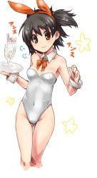Rule 34 | 1girl, akagi miria, animal ears, bare legs, black hair, bow, bowtie, breasts, brown eyes, commentary request, covered navel, cowboy shot, cropped legs, detached collar, fake animal ears, highres, idolmaster, idolmaster cinderella girls, leotard, looking at viewer, orange bow, orange bowtie, paopao, parfait, playboy bunny, rabbit ears, short hair, simple background, small breasts, solo, strapless, strapless leotard, thigh gap, two side up, white background, white leotard, wrist cuffs
