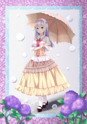 Rule 34 | 1girl, absurdres, black footwear, blouse, bow, bubble, center frills, chahei, corset, dress, flower, frilled dress, frilled sleeves, frills, full body, green eyes, hairband, highres, holding, holding umbrella, hydrangea, kantai collection, long dress, long hair, open mouth, pantyhose, red ribbon, ribbon, shirt, shoes, shoukaku (kancolle), silver hair, smile, standing, umbrella, white pantyhose, white shirt