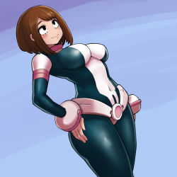 Rule 34 | 1girl, belt, black eyes, blue background, blush stickers, bodysuit, boku no hero academia, bracelet, breasts, brown hair, closed mouth, collar, covered navel, cowboy shot, donburi (donburikazoku), gradient background, hand on own hip, highres, impossible clothes, jewelry, large breasts, long sleeves, navel, short hair, skin tight, solo, swept bangs, uraraka ochako