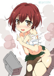 Rule 34 | 10s, 1girl, blush, bra, breasts, brown eyes, brown hair, cleavage, covering privates, covering chest, highres, kantai collection, looking at viewer, machinery, mutsuki (kancolle), naitou ryuu, navel, open mouth, pantyhose, short hair, skirt, smoke, solo, tears, torn clothes, torn pantyhose, twitter username, underwear, white bra