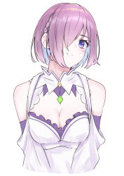 Rule 34 | 1girl, absurdres, alternate costume, bare shoulders, blush, braid, breasts, cleavage, cleavage cutout, clothing cutout, colored inner hair, commentary request, cosplay, dress, emilia (re:zero), emilia (re:zero) (cosplay), fate/grand order, fate (series), frilled dress, frills, gem, hair over one eye, highres, large breasts, light purple hair, looking at viewer, m.tokotsu, mash kyrielight, multicolored hair, purple sleeves, re:zero kara hajimeru isekai seikatsu, simple background, smile, solo, upper body, white background, white dress