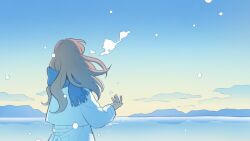 Rule 34 | 1girl, blue scarf, blue sky, breath, brown hair, coat, commentary request, dawn, facing away, from behind, gradient sky, horizon, lake, long hair, long sleeves, mountain, nahara saki, original, outdoors, reflection, reflective water, scarf, sky, snowing, solo, unfinished, water, white coat, wind, yellow sky