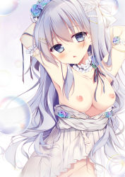 Rule 34 | 1girl, armpits, arms up, bare shoulders, blue eyes, blush, breasts, clothes pull, collarbone, commentary request, dress, dress pull, flower, hair between eyes, hair ornament, hairclip, highres, long hair, looking at viewer, medium breasts, nipples, open mouth, original, rose, shirosei mochi, silver hair, solo, upper body, very long hair, white dress