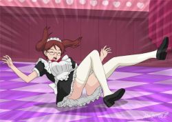 Rule 34 | 10s, 1girl, :o, alternate costume, artist name, black footwear, breasts, brown hair, curtains, enmaided, closed eyes, full body, indoors, large breasts, maid, mera chisato, miastral violet, outstretched arms, panties, pantyshot, saiki kusuo no psi nan, short twintails, solo, tile floor, tiles, twintails, underwear, white legwear