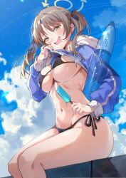Rule 34 | 1girl, bikini, black bikini, blue archive, blue sky, blush, breasts, brown hair, cloud, day, food, glasses, halo, highres, hoshiko (419401x), large breasts, lifting own clothes, medium hair, moe (blue archive), moe (swimsuit) (blue archive), navel, official alternate costume, open mouth, outdoors, popsicle, side-tie bikini bottom, sitting, sky, smile, solo, swimsuit, twintails, yellow eyes