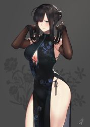 Rule 34 | 1girl, ahoge, black bra, black dress, black hair, blue eyes, blush, bra, breasts, brown gloves, center opening, china dress, chinese clothes, cleavage, cowboy shot, dress, elbow gloves, floral print, front-tie bra, gloves, hair bun, hands up, hayabusa, highres, long hair, looking away, mole, mole under eye, mole under mouth, open mouth, original, panties, pelvic curtain, short eyebrows, side-tie panties, sidelocks, signature, single hair bun, skindentation, smile, solo, thighs, underwear