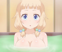 Rule 34 | 1girl, absurdres, bad id, bad pixiv id, bath, bathing, blonde hair, blue eyes, blush, breasts, cleavage, collarbone, eyelashes, floating breasts, hair bobbles, hair ornament, highres, large breasts, looking at viewer, new game!, nude, open mouth, partially submerged, poa mellhen, sakura nene, solo, twintails, upper body, water