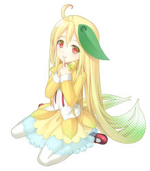 Rule 34 | 1girl, ahoge, bad id, bad pixiv id, beniimo, blonde hair, c.c. lemon, c.c. lemon (character), dress, gradient eyes, gradient hair, hair ornament, leaf, long hair, looking at viewer, mihamimo, multicolored eyes, multicolored hair, red eyes, see-through, simple background, sitting, skirt, smile, solo, thighhighs, very long hair, wariza, white background, yellow dress, yellow skirt