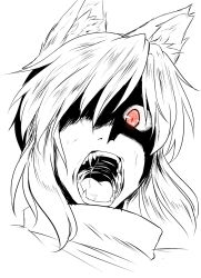 Rule 34 | 1girl, animal ears, chaigidhiell, fangs, female focus, greyscale, hair over one eye, highres, inubashiri momiji, monochrome, open mouth, portrait, red eyes, saliva, simple background, solo, spot color, teeth, tongue, touhou, wolf ears