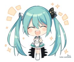 Rule 34 | 1girl, ^ ^, blue hair, boots, chibi, closed eyes, collar, detached collar, dress, facing viewer, frilled dress, frills, full body, hair between eyes, hatsune miku, highres, knee boots, long hair, more more jump! (project sekai), more more jump! miku, notice lines, outstretched arm, signature, simple background, sofra, solo, sparkle, standing, twintails, twitter username, very long hair, vocaloid, white background, white collar, white dress, white footwear