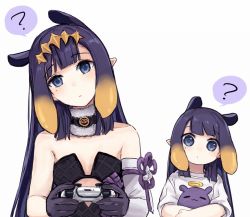 Rule 34 | 2girls, ?, aged down, bare shoulders, black dress, blonde hair, blush, controller, detached sleeves, dress, dual persona, fur-trimmed collar, fur trim, game controller, gloves, head tilt, holding, holding controller, holding game controller, hololive, hololive english, long hair, long sleeves, multicolored hair, multiple girls, ninomae ina&#039;nis, pointy ears, purple gloves, purple hair, shirt, simple background, single detached sleeve, spoken question mark, strapless, strapless dress, streaked hair, takodachi (ninomae ina&#039;nis), upper body, virtual youtuber, white background, white shirt, yuuyu (777)