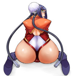 Rule 34 | 1girl, aq interactive, arcana heart, ass, atlus, blue hair, bun cover, cameltoe, dr.p, examu, from behind, green eyes, looking back, mei-fang, purple hair, shrug (clothing), simple background, sitting, solo, wariza, white background