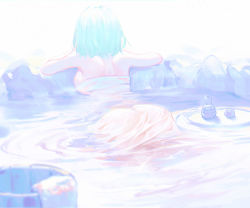 Rule 34 | 1girl, alcohol, aqua hair, arm support, ass, blue theme, blurry, blurry foreground, boulder, breasts, bucket, commentary request, depth of field, facing away, from behind, highres, koi han, large breasts, onsen, original, outdoors, partially submerged, ripples, sake, see-through, short hair, shoulder blades, sideboob, solo, sparkle, tokkuri, wash cloth, water, wooden bucket