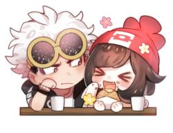 Rule 34 | &gt; &lt;, 1boy, 1girl, beanie, blush, brown hair, chibi, closed mouth, commentary request, creatures (company), cup, eating, eyewear on head, fang, food, game freak, guzma (pokemon), happy, hat, holding, holding food, looking at another, lowres, mug, nintendo, open mouth, pokemon, pokemon sm, red headwear, selene (pokemon), sunglasses, tongue, white background, white hair, zuizi