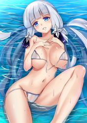 Rule 34 | 1girl, azur lane, bad id, bad pixiv id, bikini, blue eyes, blunt bangs, breasts, derivative work, female focus, hair ornament, hands on own chest, head tilt, highres, illustrious (azur lane), large breasts, leg up, long hair, looking at viewer, low twintails, lying, navel, on back, parted lips, partially submerged, solo, swimsuit, twintails, untied bikini, very long hair, water, wet, white bikini, white hair, zha shi
