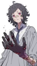 Rule 34 | 1boy, ahoge, bandaid, bandaid on face, bandaid on hand, bandaid on neck, bandaid on nose, black hair, black nails, black skin, blue necktie, colored skin, highres, light oooo, male focus, nail polish, necktie, neckwear request, open hand, original, parted lips, purple skin, red eyes, simple background, sleeves rolled up, solo, sweat, torn, white background