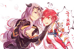 Rule 34 | 3girls, armor, between breasts, blue eyes, blush, breasts, camilla (fire emblem), capelet, character request, cleavage, dress, fire emblem, fire emblem fates, gloves, hair ornament, hair over one eye, hammer, hinoka (fire emblem), long hair, multiple girls, nintendo, open mouth, purple eyes, purple hair, red eyes, red hair, short hair, silver hair, yuri