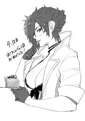 Rule 34 | 1girl, cake, collar, earrings, final fantasy, final fantasy xiv, food, front-tie top, gloves, greyscale, highres, jacket, jewelry, looking at viewer, monochrome, open clothes, open jacket, original, shishamo 712, simple background, spoon, utensil in mouth, warrior of light (ff14), white background