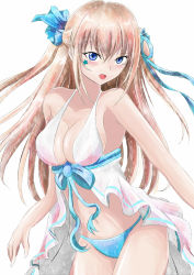 Rule 34 | 10s, 1girl, :d, amagi brilliant park, bad id, bad pixiv id, bare shoulders, bikini, blonde hair, blue eyes, blush, bow, breasts, cleavage, cowboy shot, dress, eyelashes, frills, front-tie top, hair ornament, highres, large breasts, looking at viewer, navel, open mouth, panties, ribbon, shiny skin, sideboob, simple background, smile, solo, star (symbol), swimsuit, sylphy (amaburi), underwear, white background, yeyebirdie