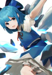 Rule 34 | 1girl, :d, absurdres, blouse, blue bow, blue hair, blue skirt, blue vest, bow, cirno, commentary, hair between eyes, hair bow, highres, ice, ice wings, kurowa (curowa), looking at viewer, neck ribbon, open mouth, petticoat, puffy short sleeves, puffy sleeves, red ribbon, ribbon, shirt, short hair, short sleeves, skirt, smile, touhou, vest, white background, white shirt, wings