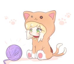 Rule 34 | 1girl, animal costume, animal ears, animal hood, arknights, blonde hair, blush, cat costume, cat ears, cat hood, cat tail, chibi, commentary, fake animal ears, fake tail, full body, green eyes, hood, hood up, kurotofu, mousse (arknights), multicolored hair, multiple tails, short eyebrows, sitting, solo, tail, thick eyebrows, two-tone hair, two tails, white background, white hair, yarn, yarn ball