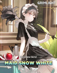 Rule 34 | 1girl, alternate costume, apple, apron, brown eyes, brown hair, cafe, collar, commentary, duster, english commentary, enmaided, food, fruit, grimlight, looking at viewer, maid, maid headdress, menu board, official alternate costume, official art, one eye closed, short hair, snow white (grimlight), solo, white apron