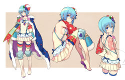 Rule 34 | 1girl, aqua hair, bad id, bad tumblr id, blue eyes, breasts, cape, character sheet, cropped legs, detached sleeves, flower, food-themed clothes, food-themed hair ornament, food-themed ornament, from behind, from side, full body, hair ornament, looking back, miniskirt, multiple views, ninomoto, original, pleated skirt, revealing clothes, ribbon, short hair, sideboob, sitting, skirt, sleeves past wrists, smile, standing, strawberry hair ornament, suspender skirt, suspenders, thighhighs