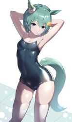 Rule 34 | 1girl, absurdres, animal ears, armpits, arms behind head, black one-piece swimsuit, breasts, competition school swimsuit, ear covers, highres, horse ears, horse girl, horse tail, one-piece swimsuit, saikuu, school swimsuit, seiun sky (umamusume), shiny clothes, single ear cover, small breasts, swimsuit, tail, thighhighs, umamusume, white thighhighs