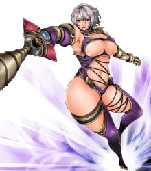 Rule 34 | 1041 (toshikazu), 1girl, breasts, cleavage, curvy, huge breasts, isabella valentine, revealing clothes, short hair, silver hair, solo, soul calibur, soulcalibur, soulcalibur iv, sword, thighhighs, underboob, weapon, whip sword