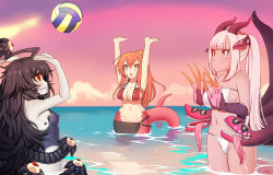 Rule 34 | 10s, 3girls, ahoge, alternate costume, animal hands, ball, bare shoulders, beach volleyball, bikini, black hair, breasts, bursting breasts, claws, cleavage, cloud, collarbone, colored sclera, colored skin, crossover, cyclops, dark-skinned female, dark skin, demon wings, dragon girl, dragon horns, dragon tail, dragon wings, extra eyes, extra mouth, fang, female focus, gazer (monster girl encyclopedia), grey skin, grin, hair ornament, hairclip, highres, horns, jabberwock (monster girl encyclopedia), kuroonehalf, lamia, large breasts, long hair, long tongue, midriff, miia (monster musume), monster girl, monster girl encyclopedia, monster musume no iru nichijou, multiple girls, navel, o-ring, o-ring bikini, ocean, one-eyed, open mouth, outdoors, playing sports, ponytail, purple sky, red eyes, red hair, saliva, sarong, scales, school swimsuit, sharp teeth, signature, single horn, size difference, sky, smile, sunset, swimsuit, tail, teeth, tentacles, tongue, tongue out, very long hair, volleyball, volleyball (object), wading, water, wet, white hair, wide hips, wings, yellow sclera