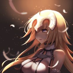 Rule 34 | 1girl, armor, bare shoulders, blonde hair, blue eyes, breasts, capelet, cleavage, detached sleeves, falling feathers, fate/apocrypha, fate/grand order, fate (series), feathers, headpiece, jeanne d&#039;arc (fate), jeanne d&#039;arc (ruler) (fate), jeanne d&#039;arc (third ascension) (fate), kittika thaworn, large breasts, light particles, long hair, looking away, open mouth, purple eyes, solo, white feathers