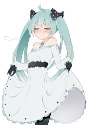 Rule 34 | 1girl, aqua hair, bad id, bad pixiv id, bare shoulders, black bow, black gloves, black pantyhose, blush, bow, breasts, closed eyes, clothes lift, commentary request, dress, dress lift, giryu, gloves, hair between eyes, hair bow, hair ornament, hatsune miku, long hair, long sleeves, medium breasts, pantyhose, polka dot, polka dot bow, simple background, sleeves past wrists, smile, solo, twintails, very long hair, vocaloid, white background, white dress