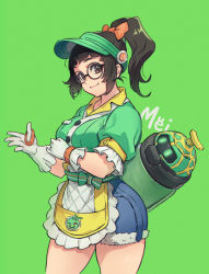 Rule 34 | 1girl, alternate color, alternate hairstyle, apron, black-framed eyewear, bow, breasts, brown eyes, brown hair, character name, collared shirt, cowboy shot, cutoffs, denim, denim shorts, glasses, gloves, green background, green hat, green shirt, hat, head tilt, high ponytail, highres, honeydew mei, looking at viewer, mei (overwatch), name tag, official alternate costume, overwatch, overwatch 1, ponytail, puffy short sleeves, puffy sleeves, putting on gloves, robot, round eyewear, shirt, short shorts, short sleeves, shorts, simple background, smile, snowball (overwatch), solo, standing, thighs, visor cap, waist apron, waitress, white gloves, wristband