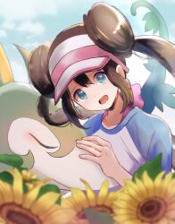 1girl blue_eyes blue_sky blurry blurry_foreground brown_hair cloud creatures_(company) day double_bun flower game_freak gen_5_pokemon hair_between_eyes hair_bun highres long_hair nintendo open_mouth outdoors pokemon pokemon_(creature) pokemon_bw2 raglan_sleeves ringosan2329 rosa_(pokemon) serperior sky snake sunflower twintails visor_cap yellow_flower