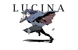 Rule 34 | 1girl, blue cape, blue eyes, blue footwear, blue hair, blue shirt, bodysuit, boots, cape, character name, commentary, english commentary, fire emblem, fire emblem awakening, full body, highres, holding, holding mask, knee boots, leg up, long hair, long sleeves, looking at viewer, lucina (fire emblem), mask, nintendo, running, serious, shirt, sidelocks, signature, sleeve cuffs, soejima shigenori (style), solo, tiara