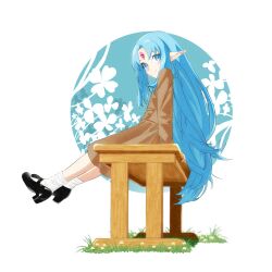 Rule 34 | 1girl, black footwear, blue eyes, blue hair, brown jacket, brown skirt, commission, commissioner upload, floral background, forehead jewel, highres, jacket, kneehighs, legs up, long hair, looking at viewer, mary janes, on bench, outstretched legs, parted bangs, pointy ears, rance (series), reset kalar, shoes, sitting, skirt, skirt set, smile, socks, solo, sugu r000, very long hair, white background, white socks