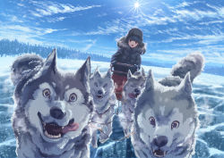 Rule 34 | 1girl, absurdres, blue coat, blue gloves, blue hair, blue sky, breath, cloud, coat, commentary request, day, dog, dog sled, forest, full body, fur-trimmed coat, fur trim, gloves, highres, hood, hooded coat, light particles, looking at viewer, michinoku (hiking miusan18), nature, open mouth, outdoors, purple eyes, shima rin, sky, sled, snow, solo, sun, winter clothes, yurucamp