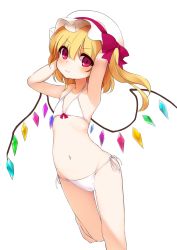 Rule 34 | 1girl, armpits, arms up, bare arms, bare legs, bare shoulders, bikini, blonde hair, blush, bow, collarbone, flandre scarlet, flat chest, hair between eyes, hat, hat bow, highres, long hair, looking at viewer, mob cap, navel, one side up, red bow, red eyes, side-tie bikini bottom, simple background, smile, solo, stomach, string bikini, swimsuit, touhou, tsumiki akeno, white background, white bikini, white hat, wings
