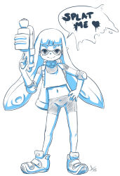 Rule 34 | 1girl, aogami, bike shorts, elbow pads, english text, gun, highres, inkling, inkling girl, inkling player character, looking at viewer, midriff, monochrome, navel, nintendo, pointy ears, solo, speech bubble, splatoon (series), splatoon 1, standing, tentacle hair, tentacles, trigger discipline, water gun, weapon, white background