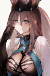 Rule 34 | 1girl, blue eyes, blue gemstone, blue ribbon, blush, breasts, closed mouth, crown, diamond (shape), fate/grand order, fate (series), gem, grey hair, highres, large breasts, long hair, looking at viewer, morgan le fay (fate), morgan le fay (queen of winter) (fate), multicolored clothes, ribbon, solo, ura illust, white background