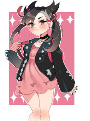 Rule 34 | 1girl, absurdres, asymmetrical bangs, backpack, bag, black choker, black jacket, black nails, blush, border, choker, closed mouth, collarbone, commentary request, creatures (company), dress, earrings, game freak, green eyes, hair ribbon, highres, jacket, jewelry, long sleeves, marnie (pokemon), nail polish, nintendo, open clothes, open jacket, outline, pink background, pink dress, pokemon, pokemon swsh, ribbon, sobacha, solo, white border