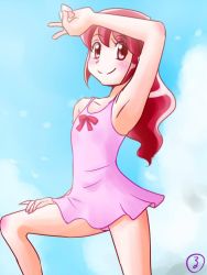 Rule 34 | 10s, 1girl, aino megumi, arm up, armpits, blush, hair down, happinesscharge precure!, kasuga rurito, long hair, looking at viewer, one-piece swimsuit, pink eyes, pink hair, precure, smile, swimsuit