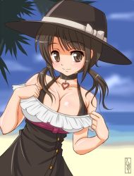 Rule 34 | 10s, 1girl, adjusting clothes, bare shoulders, beach, breasts, brown eyes, brown hair, casual, choker, cleavage, cloud, day, dress, halterneck, hat, heart, large breasts, looking at viewer, okita sawa, open mouth, outdoors, shimeta hiromitsu, sky, smile, solo, tari tari, tree, twintails, water